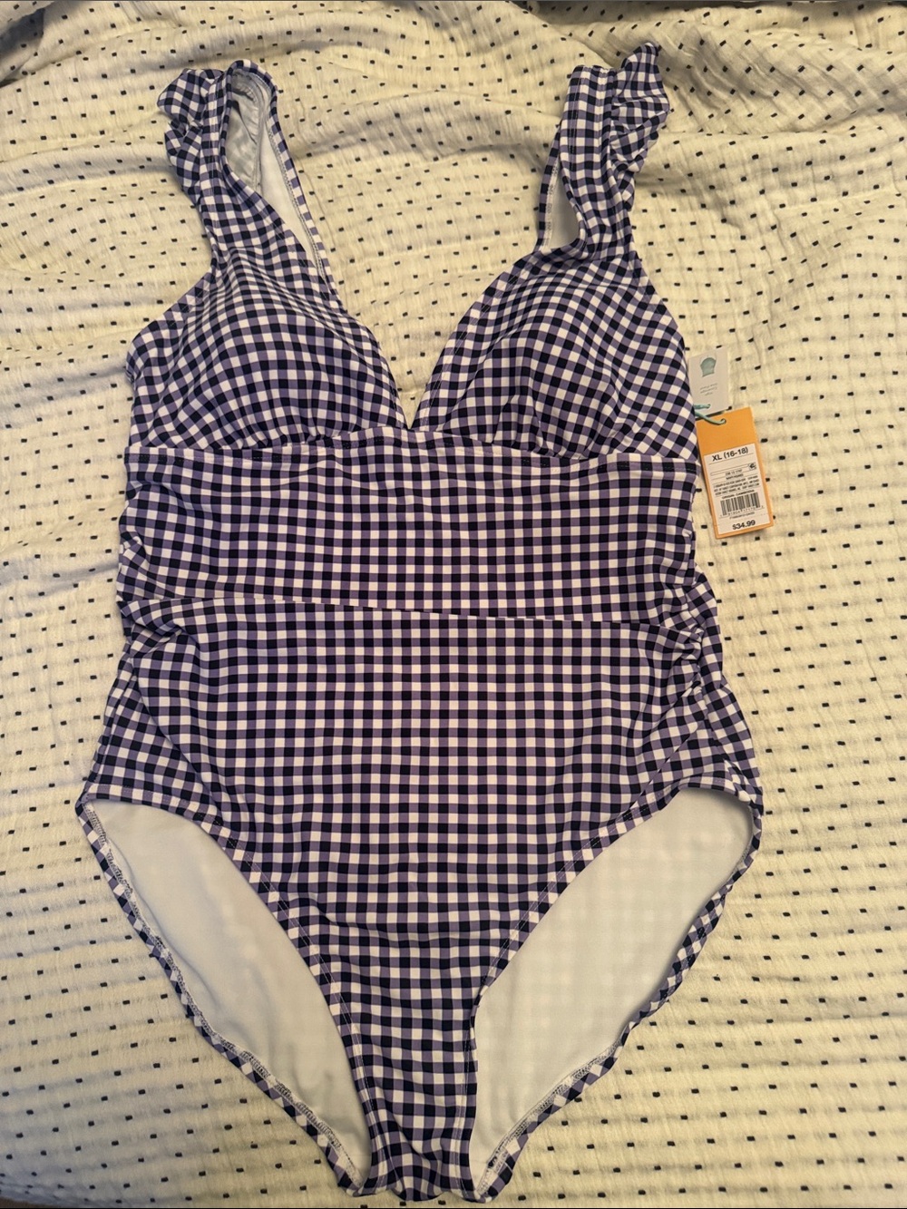 Kona Sol Navy and White Gingham Ruffle Strap One-Piece Swimsuit